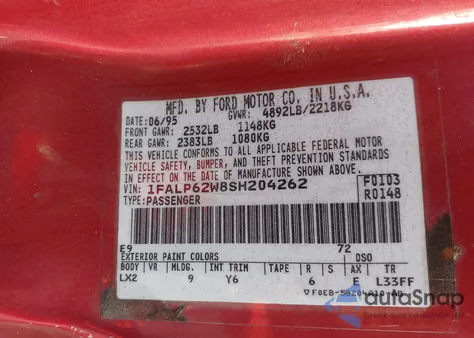 1995 Ford Thunderbird Lx z USA, uszkodzony, nr VIN 1FALP62W8SH204262